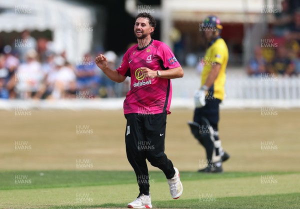 220726 - Glamorgan v Sussex Sharks, Metro Bank One Day Cup - Fynn Hudson-Prentice of Sussex celebrates as he dismisses Will Smale of Glamorgan