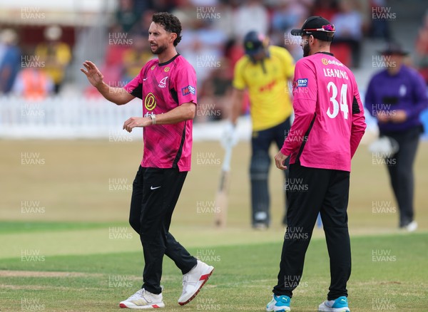 220726 - Glamorgan v Sussex Sharks, Metro Bank One Day Cup - Fynn Hudson-Prentice of Sussex celebrates as he dismisses Callum Nicholls of Glamorgan