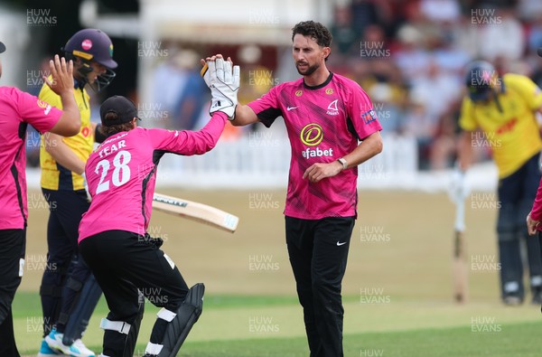 220726 - Glamorgan v Sussex Sharks, Metro Bank One Day Cup - Fynn Hudson-Prentice of Sussex celebrates as he dismisses Callum Nicholls of Glamorgan