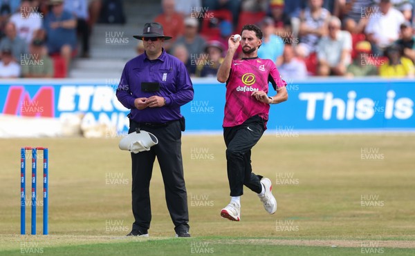 220726 - Glamorgan v Sussex Sharks, Metro Bank One Day Cup - Fynn Hudson-Prentice of Sussex bowls
