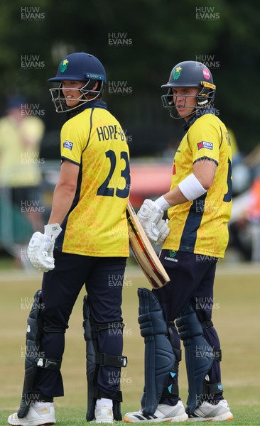 220726 - Glamorgan v Sussex Sharks, Metro Bank One Day Cup - Jack Hope-Bell of Glamorgan and Alex Horton of Glamorgan