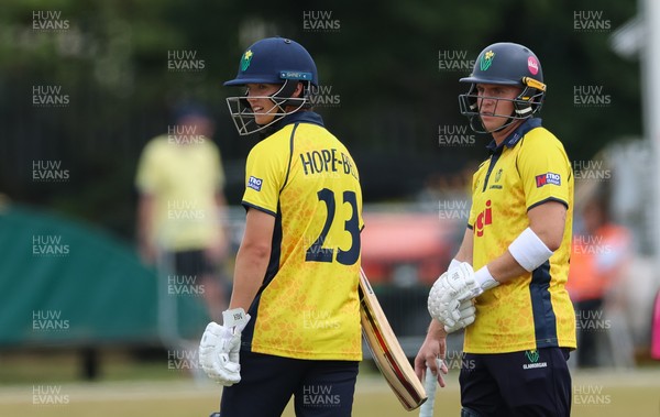 220726 - Glamorgan v Sussex Sharks, Metro Bank One Day Cup - Jack Hope-Bell of Glamorgan and Alex Horton of Glamorgan