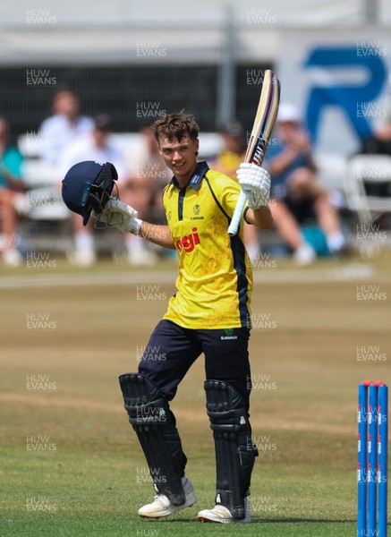 220726 - Glamorgan v Sussex Sharks, Metro Bank One Day Cup - Jack Hope-Bell of Glamorgan celebrates as he reaches his maiden 100 runs