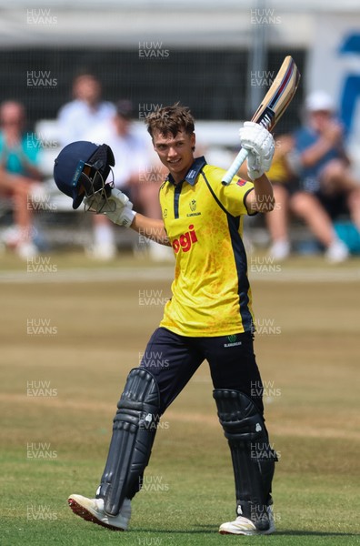 220726 - Glamorgan v Sussex Sharks, Metro Bank One Day Cup - Jack Hope-Bell of Glamorgan celebrates as he reaches his maiden 100 runs