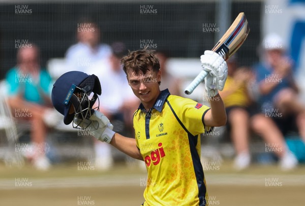 220726 - Glamorgan v Sussex Sharks, Metro Bank One Day Cup - Jack Hope-Bell of Glamorgan celebrates as he reaches his maiden 100 runs