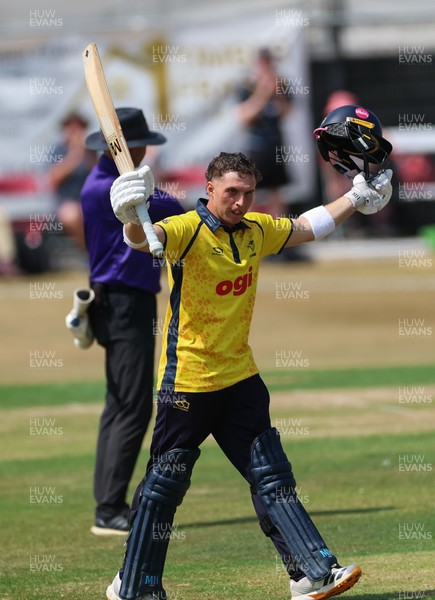 220726 - Glamorgan v Sussex Sharks, Metro Bank One Day Cup - Alex Horton of Glamorgan celebrates as he reaches his maiden 100 runs