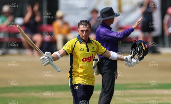 220726 - Glamorgan v Sussex Sharks, Metro Bank One Day Cup - Alex Horton of Glamorgan celebrates as he reaches his maiden 100 runs