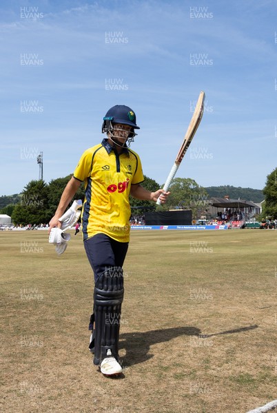 220726 - Glamorgan v Sussex Sharks, Metro Bank One Day Cup - Jack Hope-Bell of Glamorgan leaves the pitch after being dismissed on 123