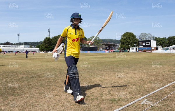 220726 - Glamorgan v Sussex Sharks, Metro Bank One Day Cup - Jack Hope-Bell of Glamorgan leaves the pitch after being dismissed on 123