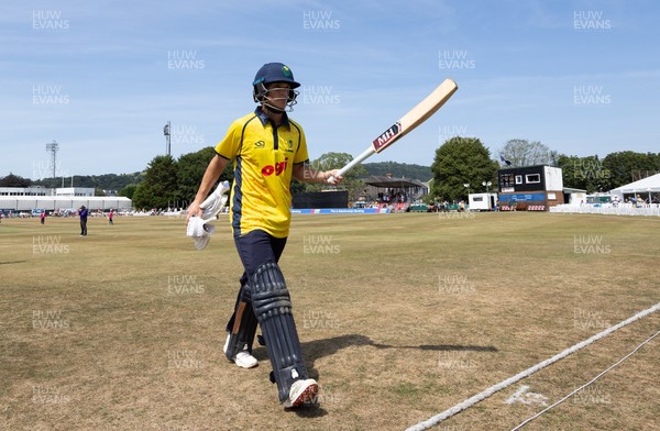 220726 - Glamorgan v Sussex Sharks, Metro Bank One Day Cup - Jack Hope-Bell of Glamorgan leaves the pitch after being dismissed on 123