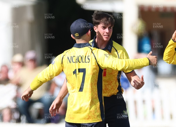 220726 - Glamorgan v Sussex Sharks, Metro Bank One Day Cup - Romano Franco of Glamorgan celebrates after taking the wicket of \s43\