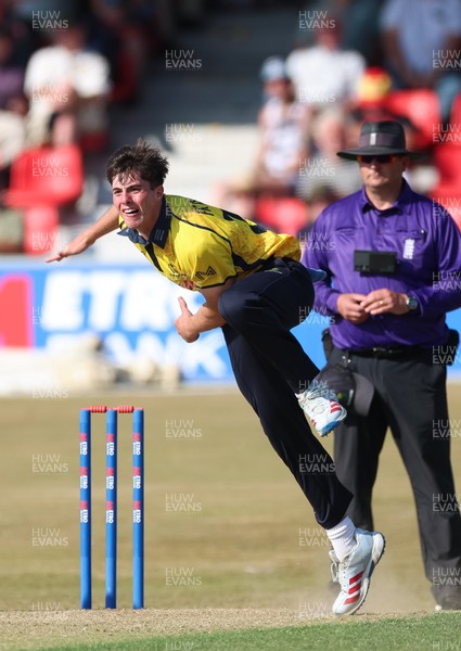 220726 - Glamorgan v Sussex Sharks, Metro Bank One Day Cup - Romano Franco of Glamorgan bowls
