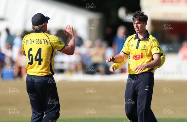 220726 - Glamorgan v Sussex Sharks, Metro Bank One Day Cup - Romano Franco of Glamorgan celebrates after taking the wicket of  Fynn Hudson-Prentice of Sussex