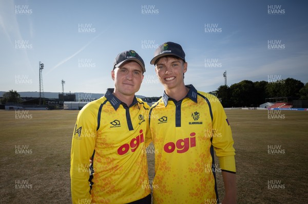 220726 - Glamorgan v Sussex Sharks, Metro Bank One Day Cup - Alex Horton of Glamorgan  and Jack Hope-Bell of Glamorgan who made maiden centuries, Hope-Bell on his debut, during their 240 partnership which helped Glamorgan to the win