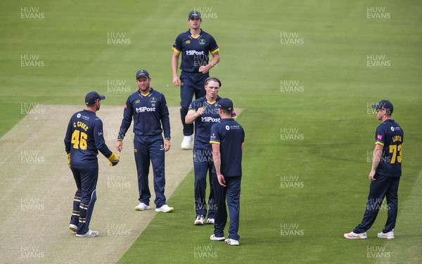 020721 - Glamorgan v Sussex Sharks, T20 Vitality Blast - Dan Douthwaite of Glamorgan is congratulated by team mates after taking the wicket of Phil Salt of Sussex Sharks