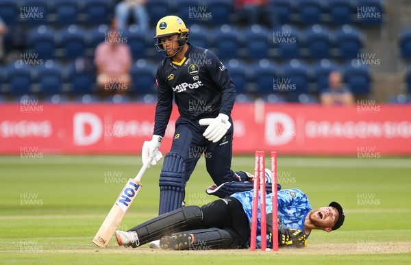 020721 - Glamorgan v Sussex Sharks, T20 Vitality Blast - Phil Salt of Sussex Sharks reacts as Colin Ingram of Glamorgan is run out by Tymal Mills for 3 runs