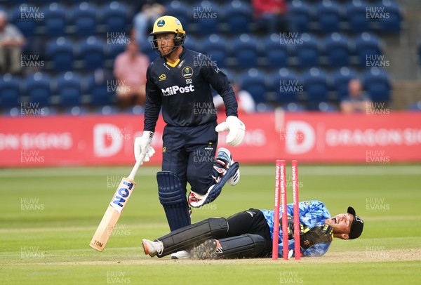 020721 - Glamorgan v Sussex Sharks, T20 Vitality Blast - Phil Salt of Sussex Sharks reacts as Colin Ingram of Glamorgan is run out by Tymal Mills for 3 runs