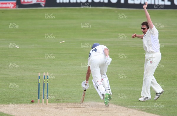 07.06.08 - Glamorgan v Warwickshire, LV County Championship Division 2, Day 2. Glamorgan's Robert Croft celebrates as Ant Botha is run out by David Hemp 