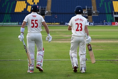 080926 - Glamorgan v Warwickshire - Rothesay County Championship - Asa Tribe of Glamorgan walks out with Jack Hope-Bell of Glamorgan for his first class debut