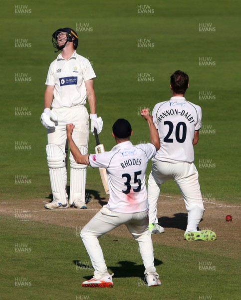 090920 - Glamorgan v Warwickshire - Bob Willis Trophy - Oliver Hannon-Dalby of Warwickshire successfully appeals the wicket of Nick Selman who is bowled out for LBW