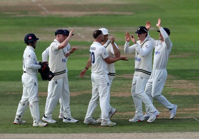 090926 - Glamorgan v Warwickshire - Rothesay County Championship, Division One - Ed Barnard of Warwickshire celebrates taking the wicket of Asa Tribe for LBW