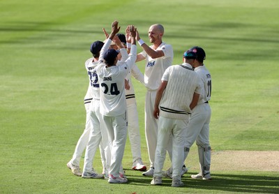 090926 - Glamorgan v Warwickshire - Rothesay County Championship, Division One - Olly Hannon-Dalby of Glamorgan celebrates taking the wicket of Ben Kellaway