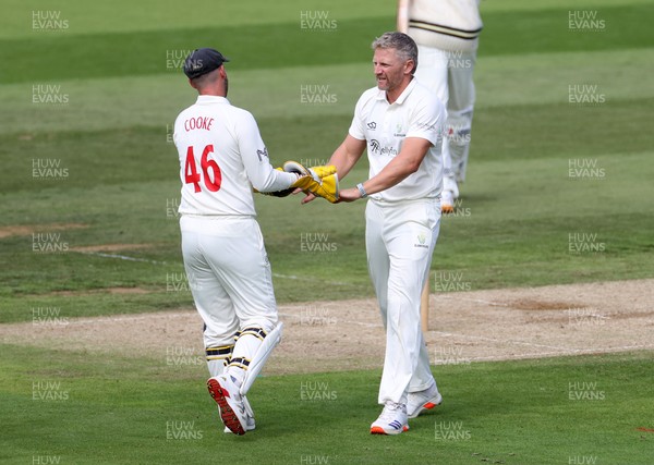 090926 - Glamorgan v Warwickshire - Rothesay County Championship, Division One - Timm Van Der Gugten of Glamorgan celebrates taking the wicket of Chris Woakes with Chris Cooke