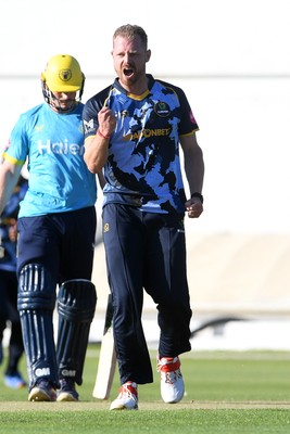 030726 - Glamorgan v Warwickshire Bears - Vitality Blast Men - Nathan McAndrew of Glamorgan bowls the ball to dismiss Zen Malik of Warwickshire Bears
