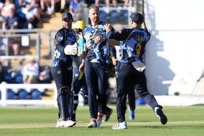 030726 - Glamorgan v Warwickshire Bears - Vitality Blast Men - Nathan McAndrew of Glamorgan bowls the ball to dismiss Zen Malik of Warwickshire Bears