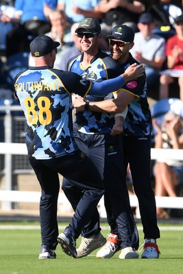 030726 - Glamorgan v Warwickshire Bears - Vitality Blast Men - Will Smale of Glamorgan celebrates with team mates after he catches the ball to dismiss Rob Yates of Warwickshire Bears