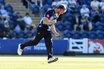 030726 - Glamorgan v Warwickshire Bears - Vitality Blast Men - Jimmy Neesham of Glamorgan bowls the ball to dismiss Dan Mousley of Warwickshire Bears