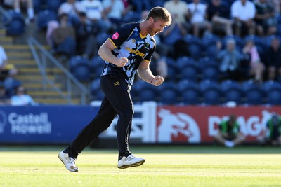 030726 - Glamorgan v Warwickshire Bears - Vitality Blast Men - Jimmy Neesham of Glamorgan bowls the ball to dismiss Dan Mousley of Warwickshire Bears