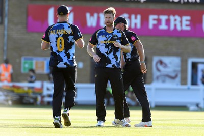 030726 - Glamorgan v Warwickshire Bears - Vitality Blast Men - Jimmy Neesham of Glamorgan bowls the ball to dismiss Dan Mousley of Warwickshire Bears