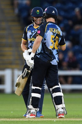 030726 - Glamorgan v Warwickshire Bears - Vitality Blast Men - Sean Dickson of Glamorgan celebrates with Asa Tribe of Glamorgan after hitting a 6