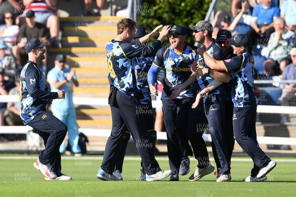 030726 - Glamorgan v Warwickshire Bears - Vitality Blast Men - Will Smale of Glamorgan celebrates with team mates after he catches the ball to dismiss Rob Yates of Warwickshire Bears