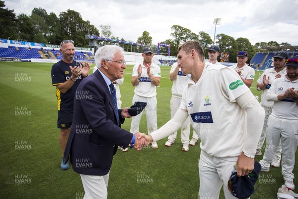 020719 - Glamorgan v Worcestershire - Specsavers County Championship Division Two - Marnus Labuschagne of Glamorgan receives his Glamorgan cap from President Alan Jones