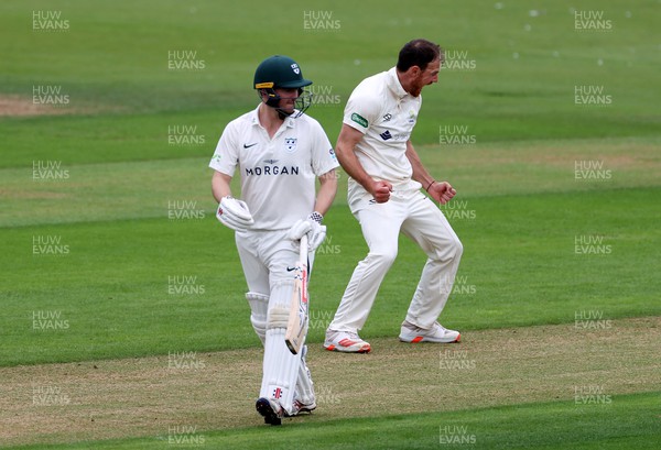 050922 - Glamorgan v Worcestershire - LV= County Championship, Division Two - James Harris of Glamorgan celebrates after bowling out Jake Libby of LBW