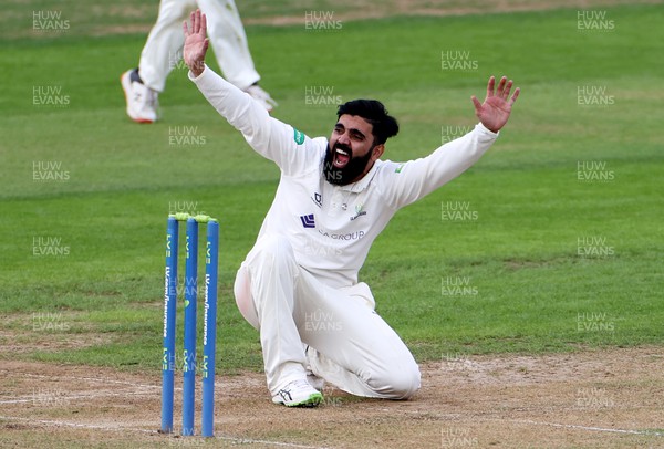 050922 - Glamorgan v Worcestershire - LV= County Championship, Division Two - Ajaz Patel of Glamorgan celebrates as he successfully bowls out Ed Barnard for LBW