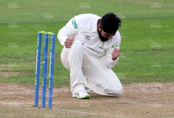 050922 - Glamorgan v Worcestershire - LV= County Championship, Division Two - Ajaz Patel of Glamorgan celebrates as he successfully bowls out Ed Barnard for LBW