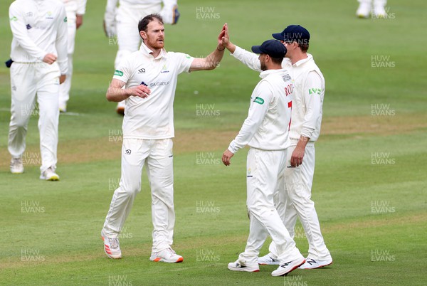 060922 - Glamorgan v Worcestershire - LV= County Championship, Division Two - James Harris of Glamorgan with team mates after Joe Leach is caught by Billy Root