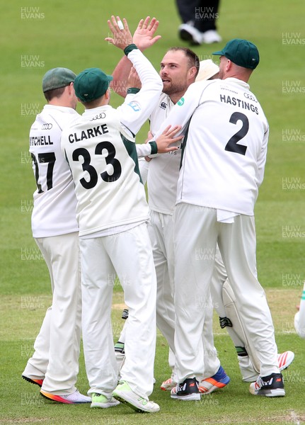 140417 - Glamorgan v Worcestershire - Specsavers County Championship Division Two - Joe Leach celebrates with team mates after Ben Cox of Worcestershire caught Nick Selman of Glamorgan