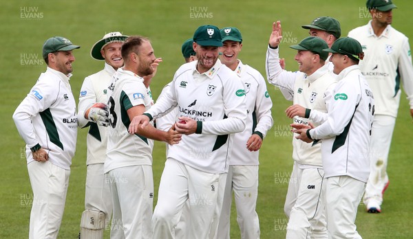 140417 - Glamorgan v Worcestershire - Specsavers County Championship Division Two - John Hastings of Worcestershire celebrates with team mates after catching Colin Ingram of Glamorgan on his first ball