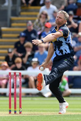 050726 - Glamorgan v Worcestershire Rapids - Vitality Blast Men - Timm Van Der Gugten of Glamorgan bowls the ball to dismiss Kashif Ali of Worcestershire