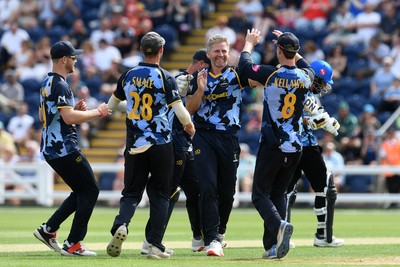050726 - Glamorgan v Worcestershire Rapids - Vitality Blast Men - Timm Van Der Gugten of Glamorgan bowls the ball to dismiss Kashif Ali of Worcestershire and celebrates