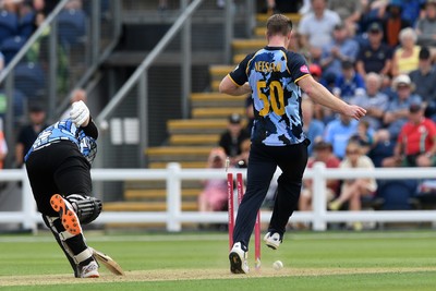 050726 - Glamorgan v Worcestershire Rapids - Vitality Blast Men - Jimmy Neesham of Glamorgan kicks the ball at the wicket in an attempt to get Matthew Waite of Worcestershire out
