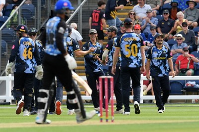 050726 - Glamorgan v Worcestershire Rapids - Vitality Blast Men - Asa Tribe of Glamorgan catches the ball to dismiss Usama Mir of Worcestershire