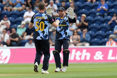 050726 - Glamorgan v Worcestershire Rapids - Vitality Blast Men - Jimmy Neesham of Glamorgan bowls the ball to dismiss Gareth Roderick of Worcestershire
