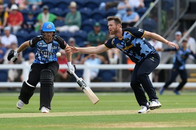 050726 - Glamorgan v Worcestershire Rapids - Vitality Blast Men - Jimmy Neesham of Glamorgan almost catches the ball