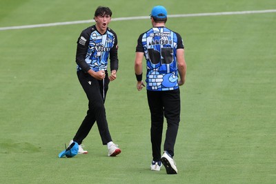 050726 - Glamorgan v Worcestershire Rapids - Vitality Blast Men - Dan Lategan of Worcestershire celebrates after he  catches the ball to dismiss Nathan McAndrew of Glamorgan