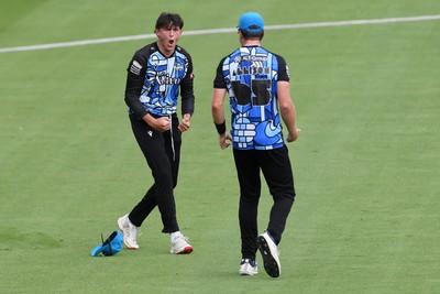 050726 - Glamorgan v Worcestershire Rapids - Vitality Blast Men - Dan Lategan of Worcestershire celebrates after he  catches the ball to dismiss Nathan McAndrew of Glamorgan